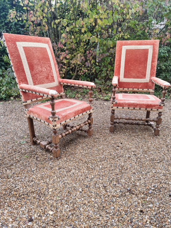 Pair of large oak Louis XIII armchairs